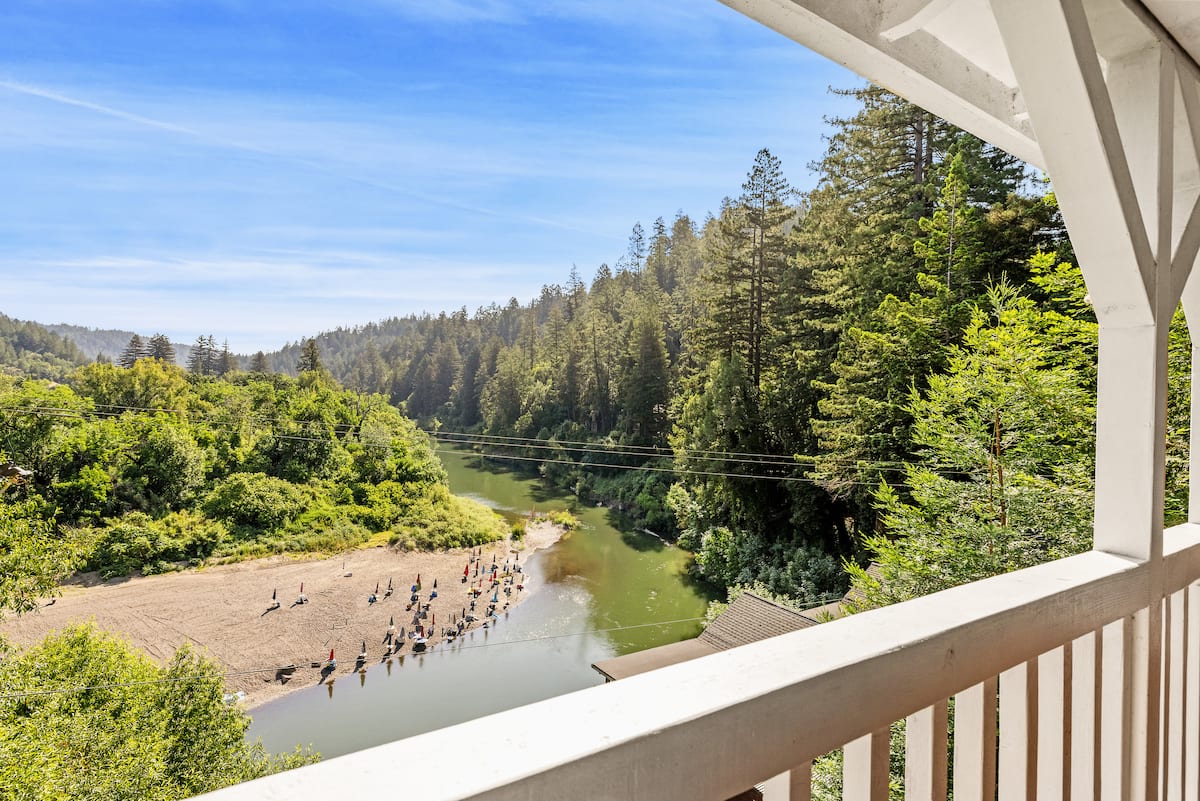 The Russian River curving through the redwoods, seen from the cabin's deck